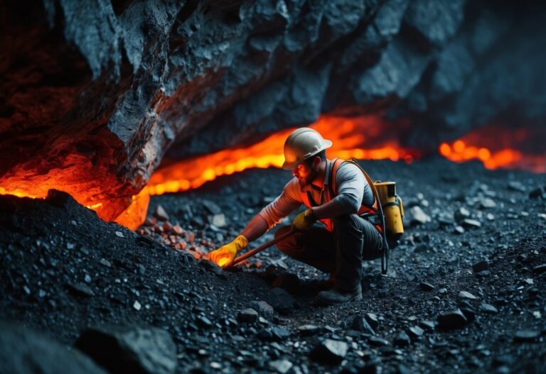 Um minerador robusto cava fundo no subsolo, descobrindo um filão de minério de netherite vermelho brilhante em meio ao terreno escuro e rochoso.