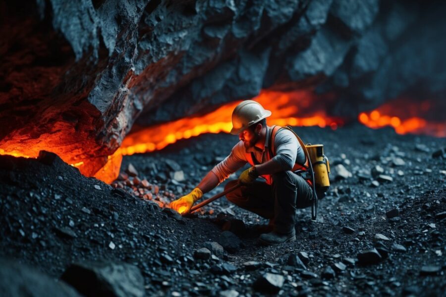 Um minerador robusto cava fundo no subsolo, descobrindo um filão de minério de netherite vermelho brilhante em meio ao terreno escuro e rochoso.