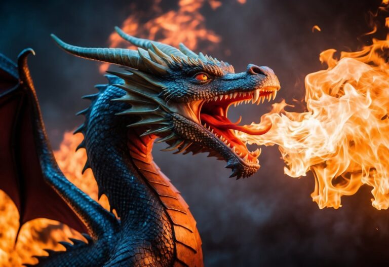 Um dragão feroz soltando fogo, cercado por chamas giratórias