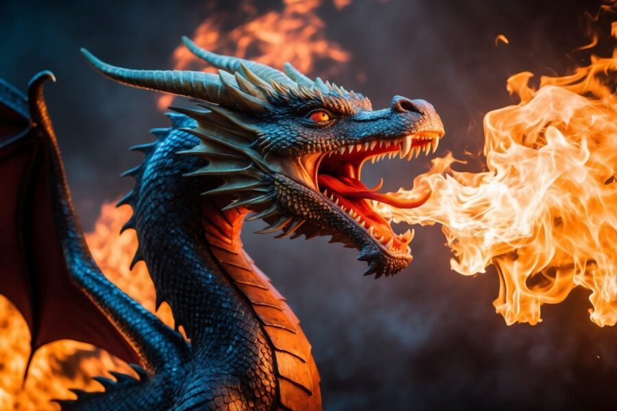 Um dragão feroz soltando fogo, cercado por chamas giratórias