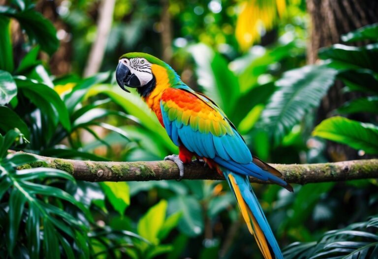Uma exuberante selva brasileira com uma arara colorida empoleirada em um galho, cercada por uma folhagem vibrante e vida selvagem exótica