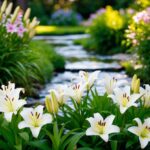 Um jardim sereno com lírios em flor e um riacho suave, simbolizando paz e alegria, poderia representar o significado bíblico do nome Letícia.