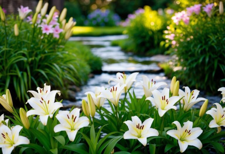 Um jardim sereno com lírios em flor e um riacho suave, simbolizando paz e alegria, poderia representar o significado bíblico do nome Letícia.