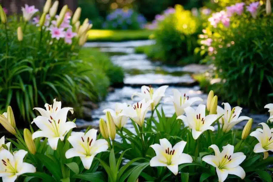 Um jardim sereno com lírios em flor e um riacho suave, simbolizando paz e alegria, poderia representar o significado bíblico do nome Letícia.