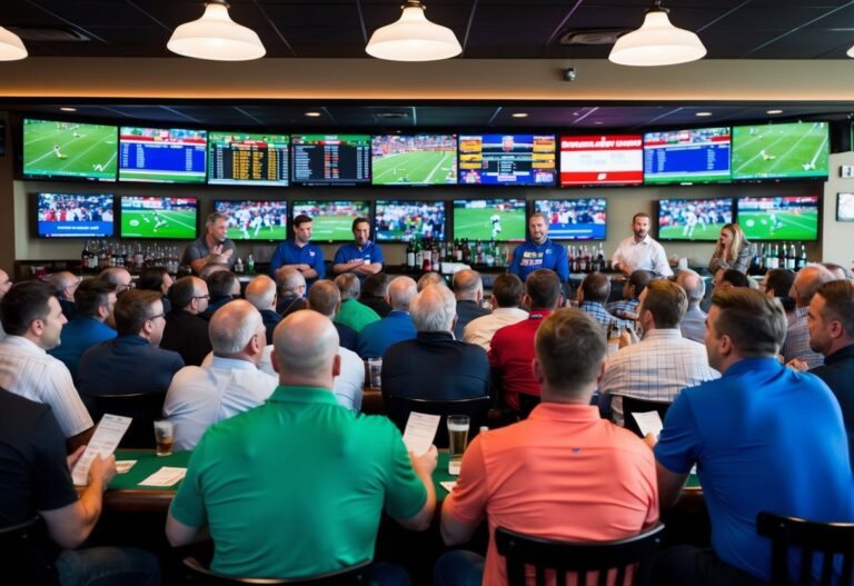 Um bar esportivo lotado com pessoas assistindo ansiosamente a várias telas mostrando diversos eventos esportivos enquanto seguram bilhetes de aposta.