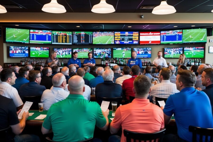 Um bar esportivo lotado com pessoas assistindo ansiosamente a várias telas mostrando diversos eventos esportivos enquanto seguram bilhetes de aposta.