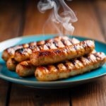 Um prato de linguiça de frango grelhada com vapor subindo