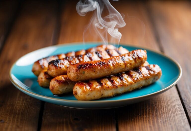 Um prato de linguiça de frango grelhada com vapor subindo