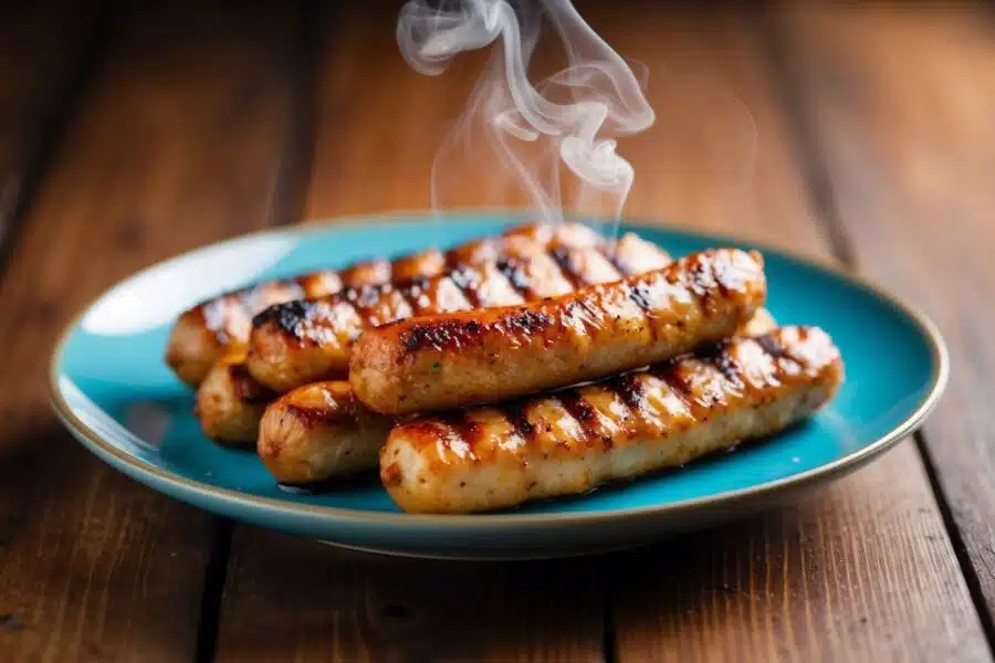 Um prato de linguiça de frango grelhada com vapor subindo