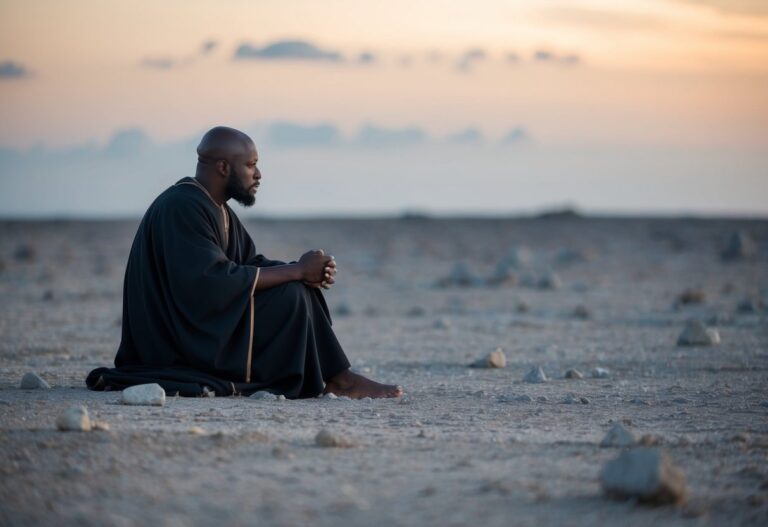 Mefibosete sentado sozinho em uma terra árida e desolada por anos