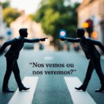 Duas figuras se encontram em uma encruzilhada, uma apontando em uma direção e a outra em outra, questionando "nos vemos ou nos veremos?"