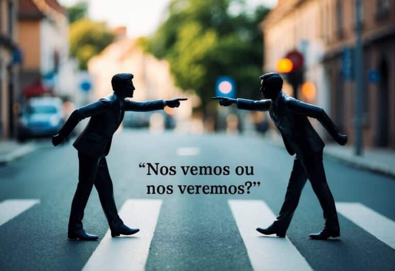 Duas figuras se encontram em uma encruzilhada, uma apontando em uma direção e a outra em outra, questionando "nos vemos ou nos veremos?"