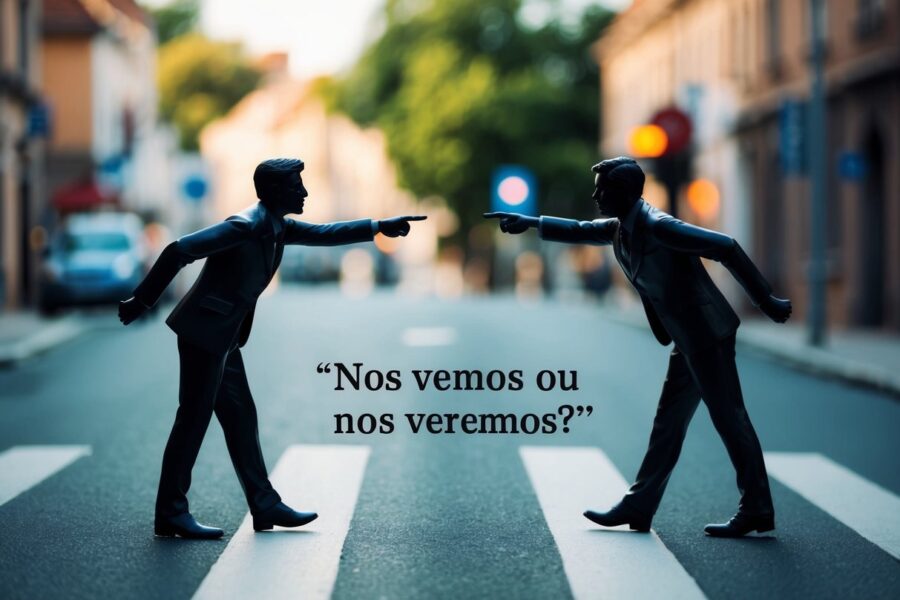 Duas figuras se encontram em uma encruzilhada, uma apontando em uma direção e a outra em outra, questionando "nos vemos ou nos veremos?"