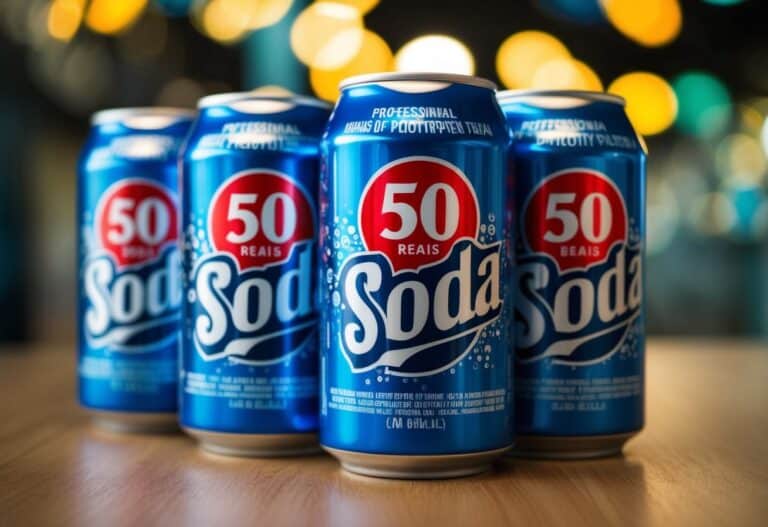 Várias latas de refrigerante com um preço de 50 reais cada