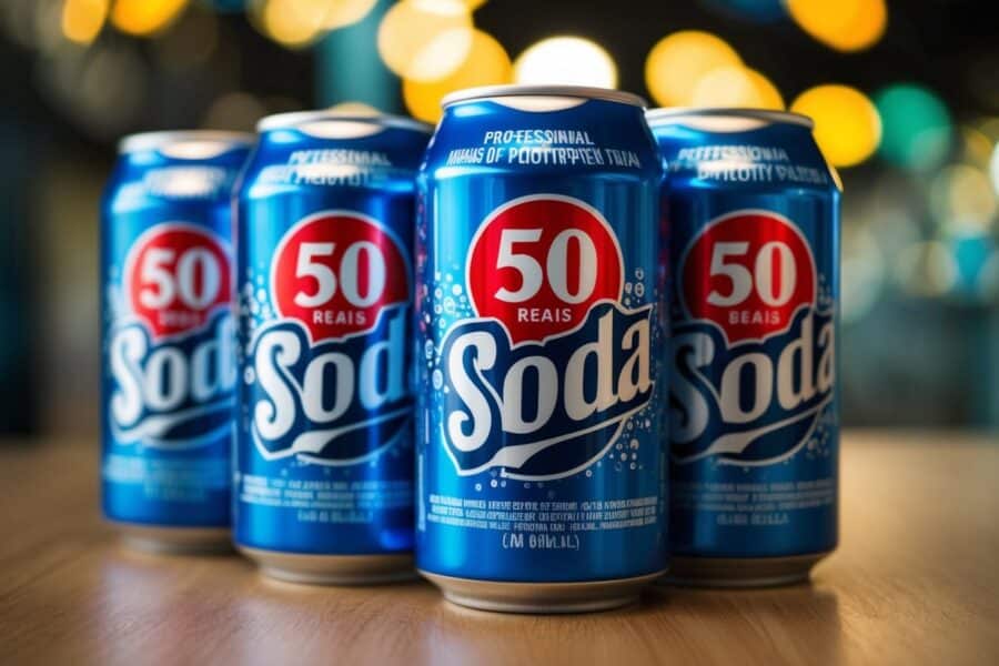 Várias latas de refrigerante com um preço de 50 reais cada