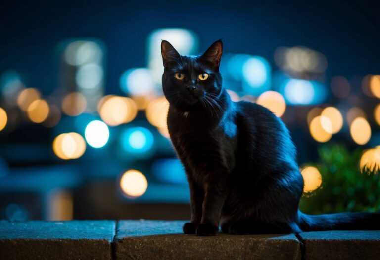 Um gato preto sentado em uma noite escura