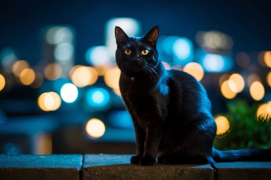 Um gato preto sentado em uma noite escura