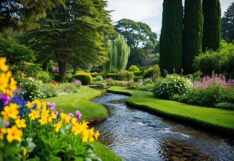 Uma paisagem serena com um riacho suave fluindo através de um jardim exuberante, cercado por flores vibrantes e árvores altas e balançando.