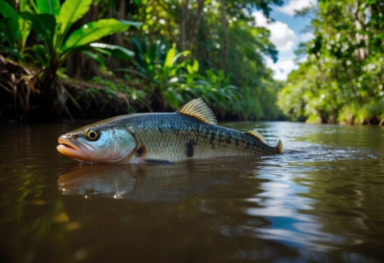 Um peixe pirarucu nada graciosamente pelas águas turvas do rio Amazonas, cercado por uma vegetação verdejante e pela luz do sol filtrada através do denso dossel acima.