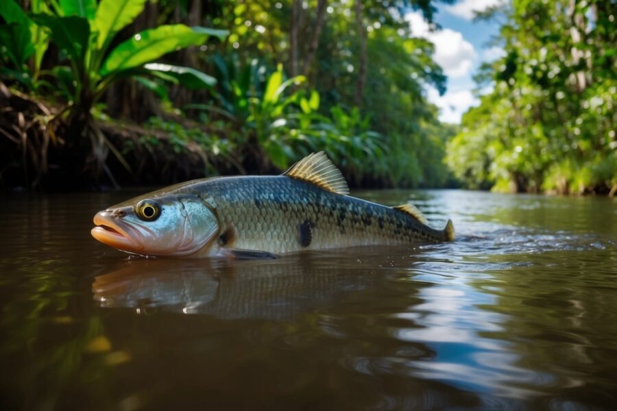 Um peixe pirarucu nada graciosamente pelas águas turvas do rio Amazonas, cercado por uma vegetação verdejante e pela luz do sol filtrada através do denso dossel acima.
