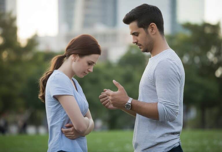 Um casal jovem em um parque urbano, com expressões de tristeza e esperança, em um momento de reconciliação.