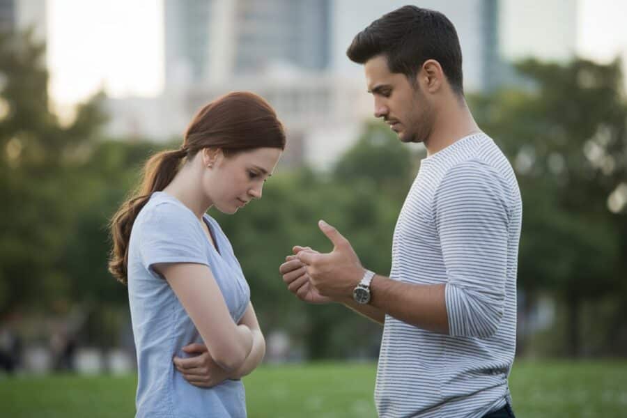 Um casal jovem em um parque urbano, com expressões de tristeza e esperança, em um momento de reconciliação.