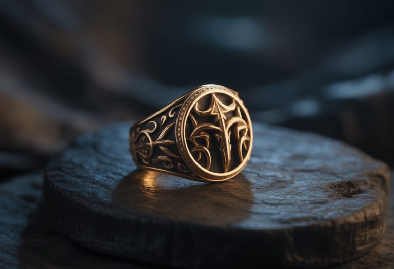 Close-up de um anel dourado ornamentado sobre uma superfície escura, com iluminação suave destacando seus detalhes intricados.