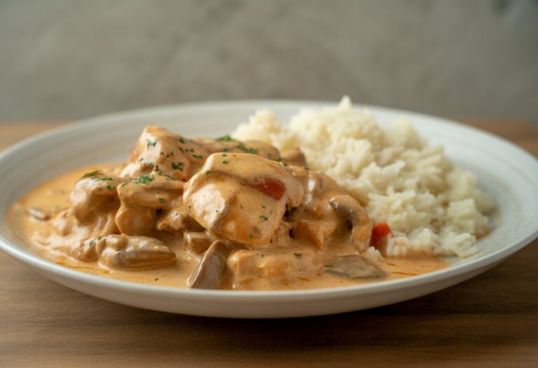 Prato de strogonoff de frango cremoso com arroz branco, servido em uma tigela branca sobre uma mesa de madeira.