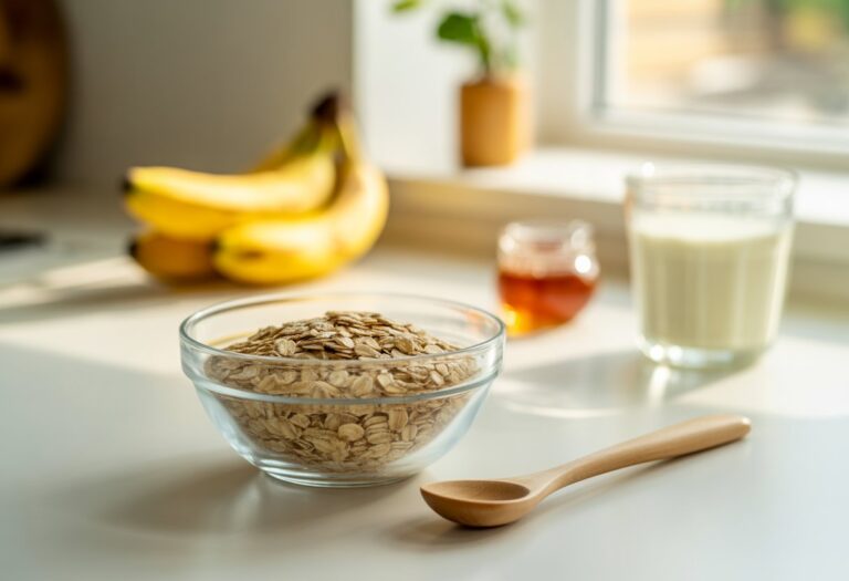 Bowl de aveia crua em uma bancada de cozinha com banana, mel e copo de leite ao fundo.