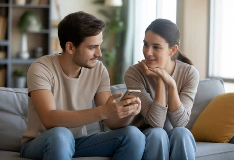 Um homem e uma mulher sentados em um sofá conversando de forma calma e respeitosa em uma sala iluminada e aconchegante.