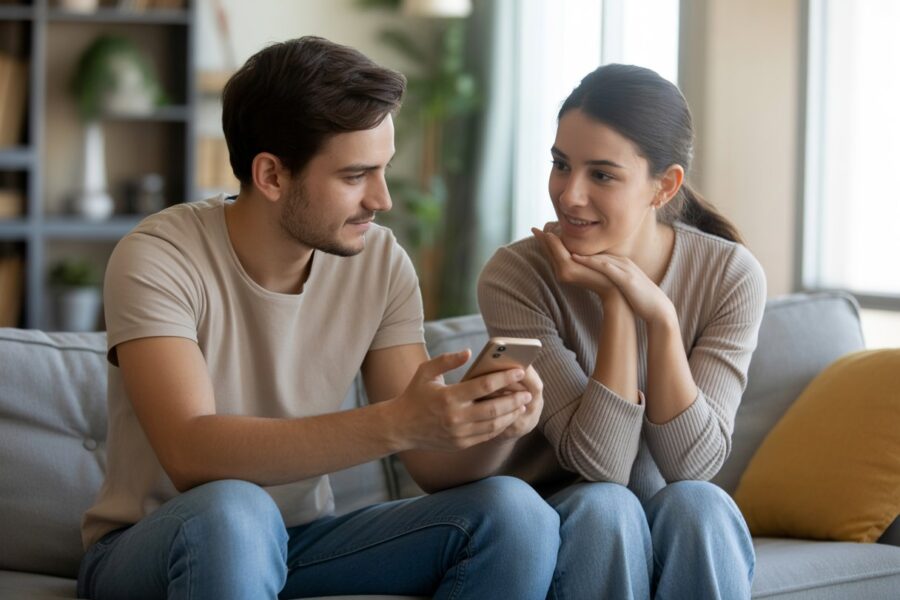 Um homem e uma mulher sentados em um sofá conversando de forma calma e respeitosa em uma sala iluminada e aconchegante.