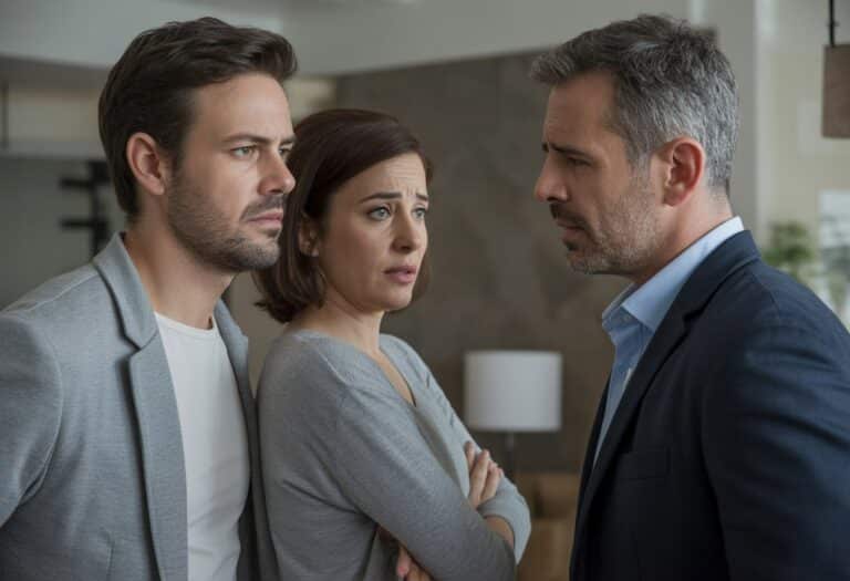 Três adultos em uma sala de estar moderna, uma mulher entre dois homens com expressões de tensão e incerteza.