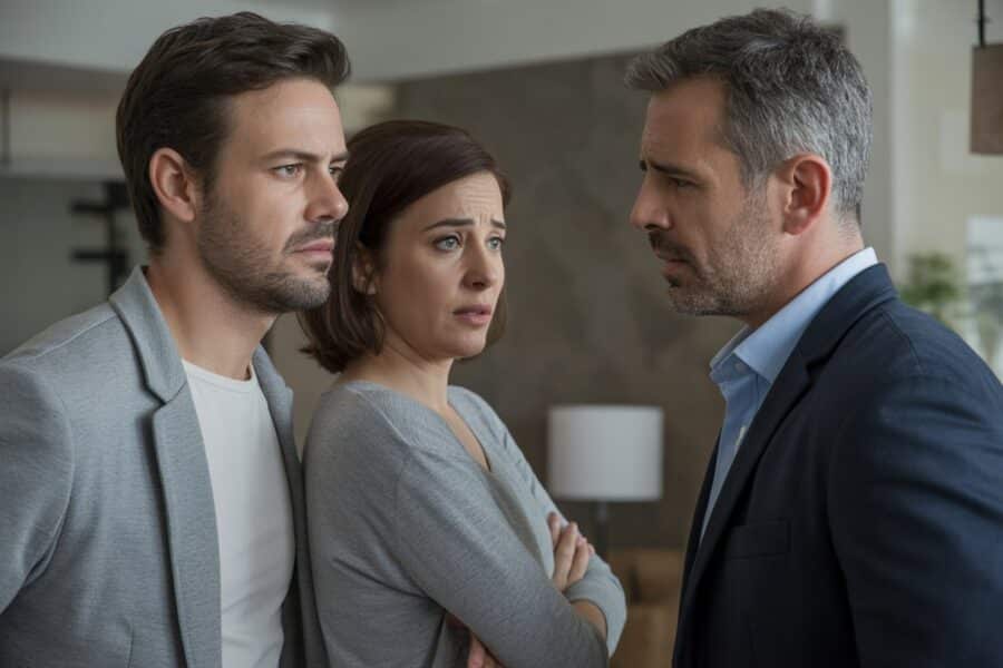 Três adultos em uma sala de estar moderna, uma mulher entre dois homens com expressões de tensão e incerteza.