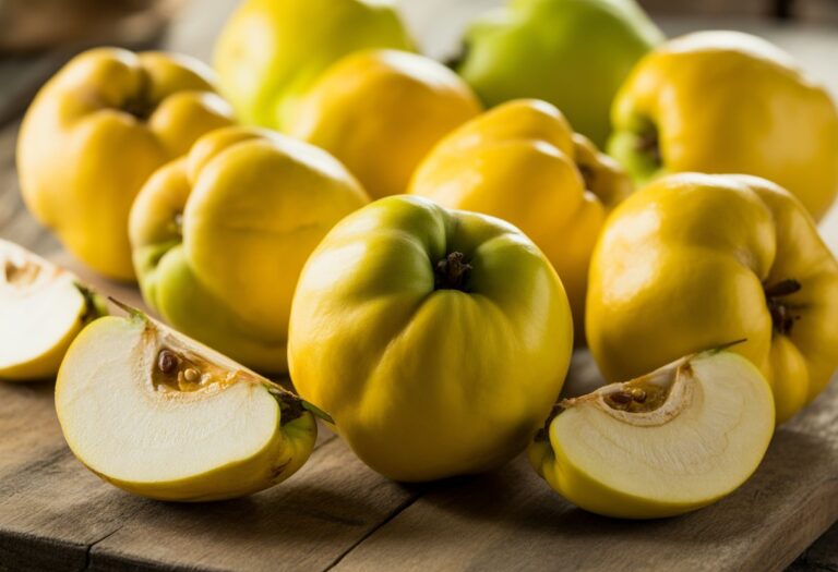 Frutas frescas com marmelos amarelos dispostos sobre uma superfície de madeira.