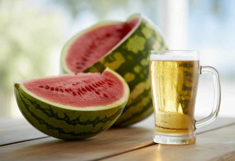 Melancia fatiada ao lado de um copo de cerveja gelada sobre uma mesa de madeira.