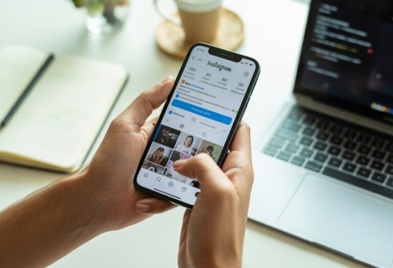 Pessoa segurando um smartphone com o aplicativo Instagram aberto, mostrando a interface de stories, em uma mesa com laptop, caderno e café ao fundo.