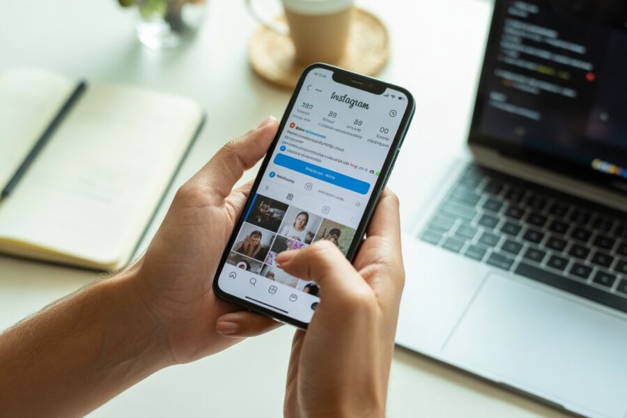 Pessoa segurando um smartphone com o aplicativo Instagram aberto, mostrando a interface de stories, em uma mesa com laptop, caderno e café ao fundo.