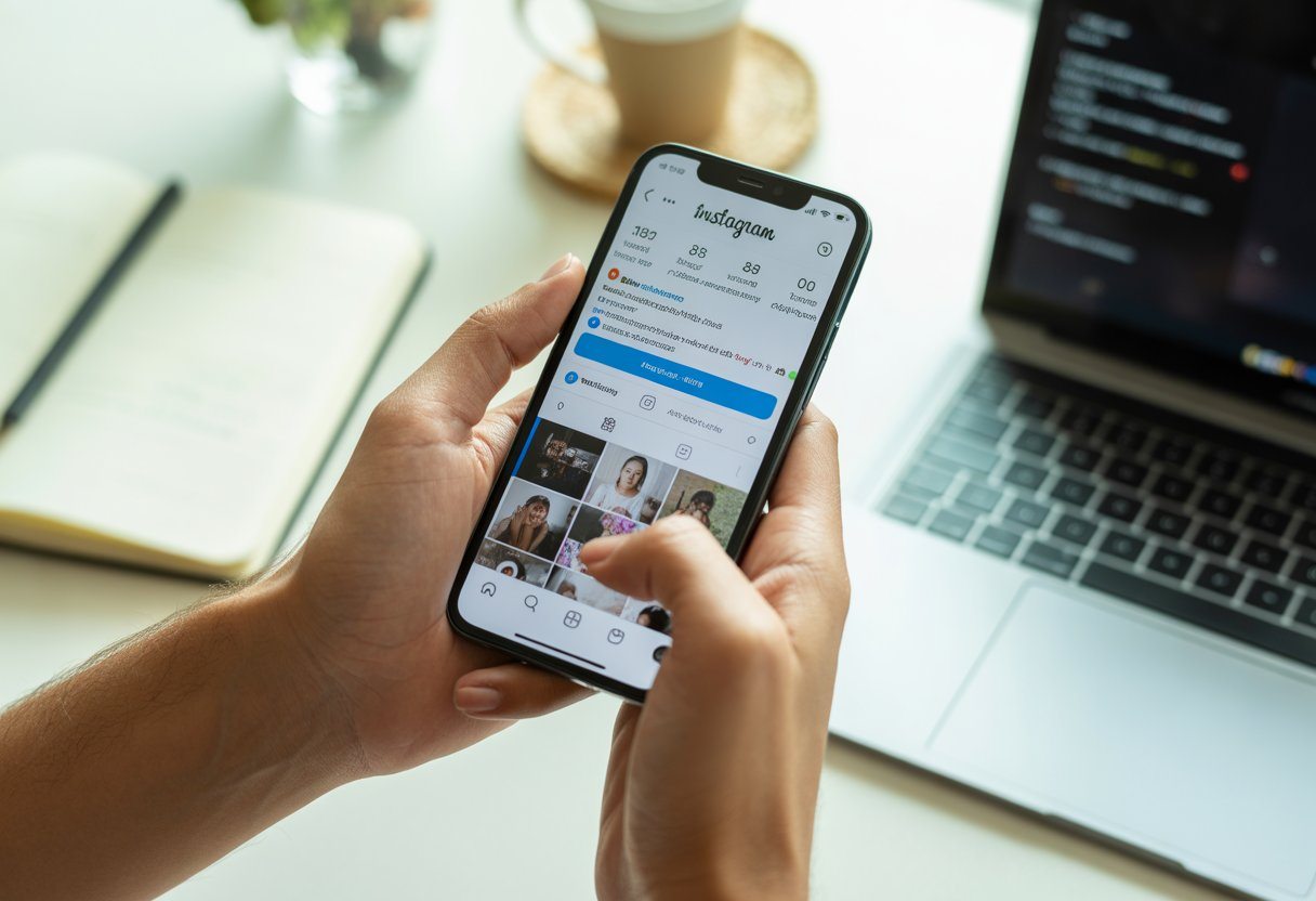 Pessoa segurando um smartphone com o aplicativo Instagram aberto, mostrando a interface de stories, em uma mesa com laptop, caderno e café ao fundo.