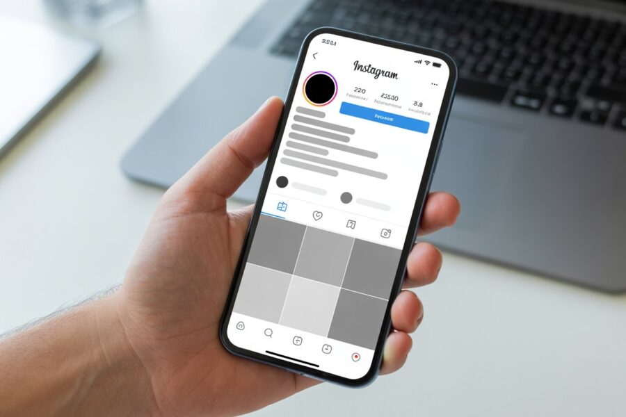 Pessoa segurando um celular mostrando uma página de perfil do Instagram com informações e fotos ocultas, indicando que o perfil está bloqueado.