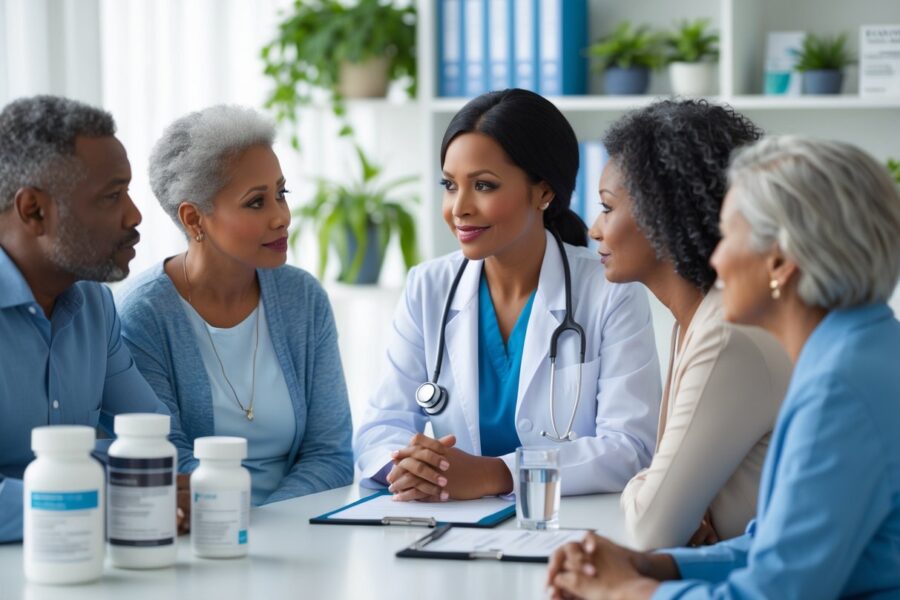 Médica conversando com paciente em consultório médico moderno, com frascos de remédios sobre a mesa.