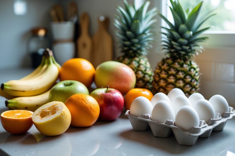 Frutas variadas e ovos frescos sobre uma bancada de cozinha.
