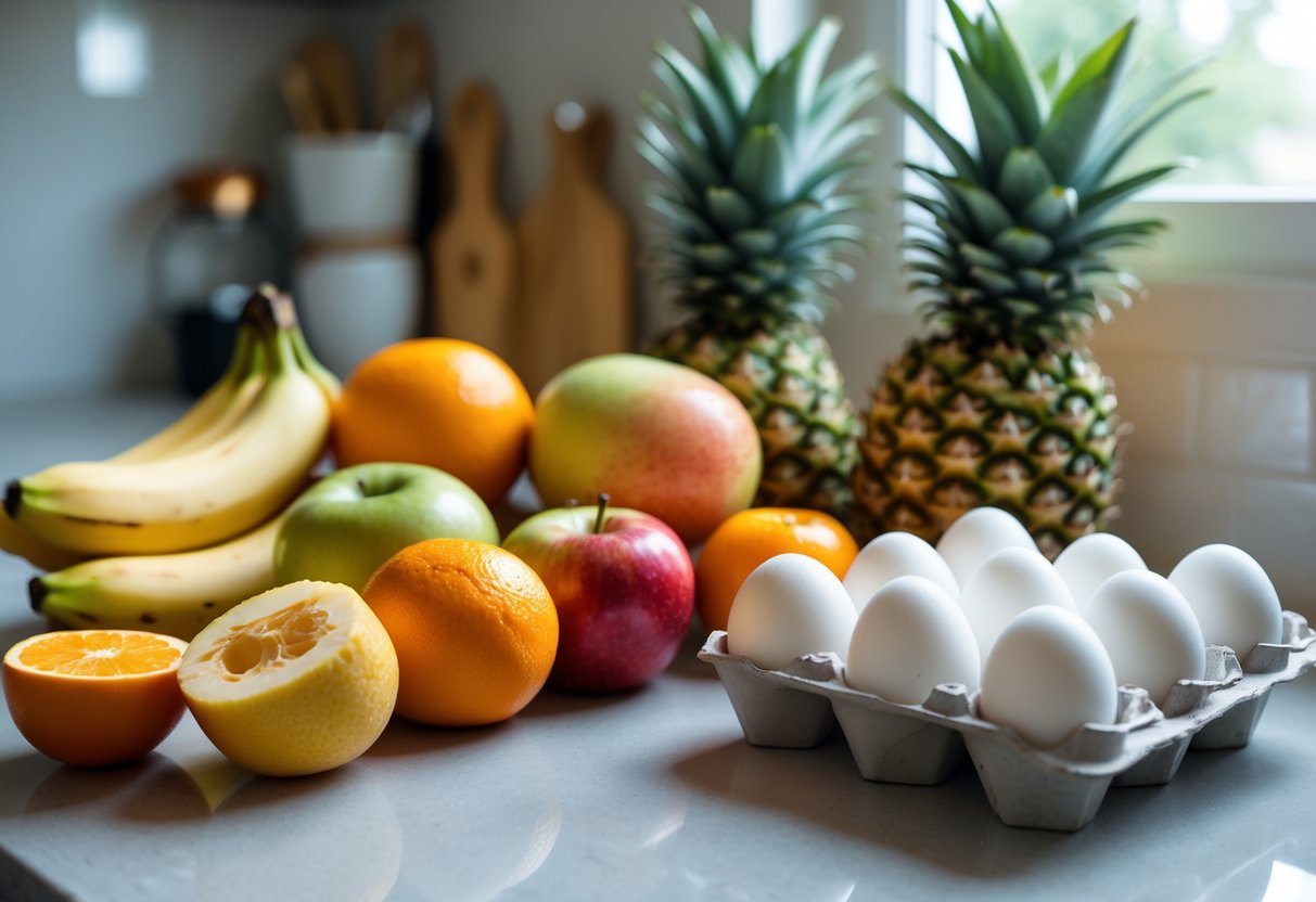 Frutas variadas e ovos frescos sobre uma bancada de cozinha.