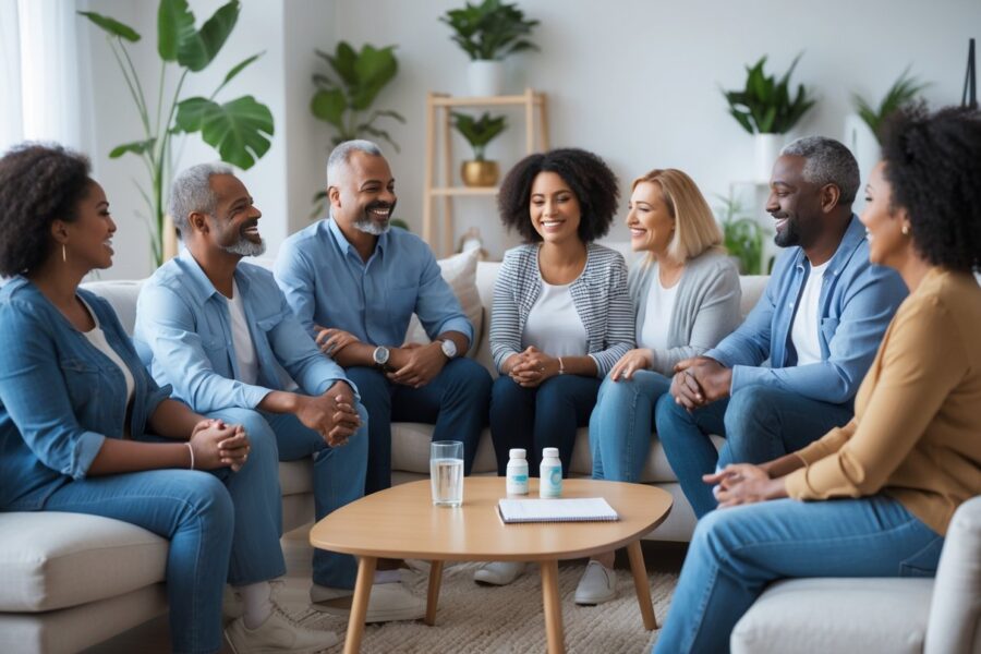 Grupo de pessoas conversando de forma amigável em uma sala de estar moderna e iluminada.
