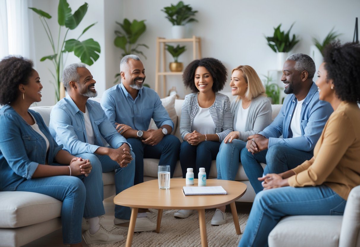 Grupo de pessoas conversando de forma amigável em uma sala de estar moderna e iluminada.