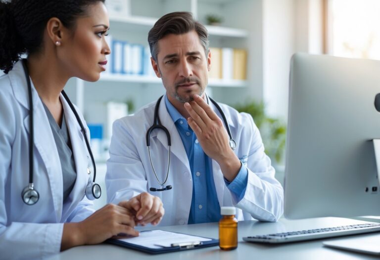 Médico conversando com paciente que está com dor de garganta em consultório médico.