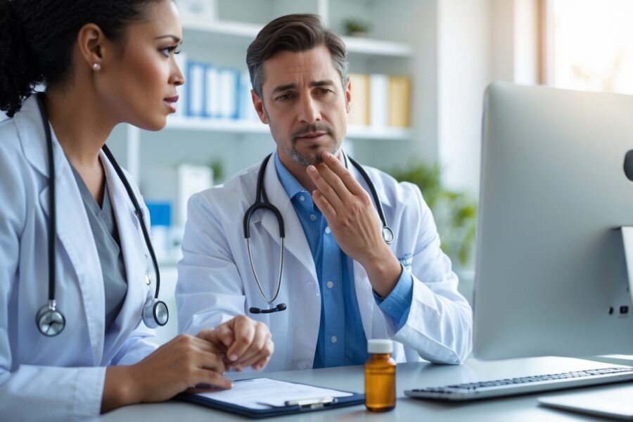 Médico conversando com paciente que está com dor de garganta em consultório médico.