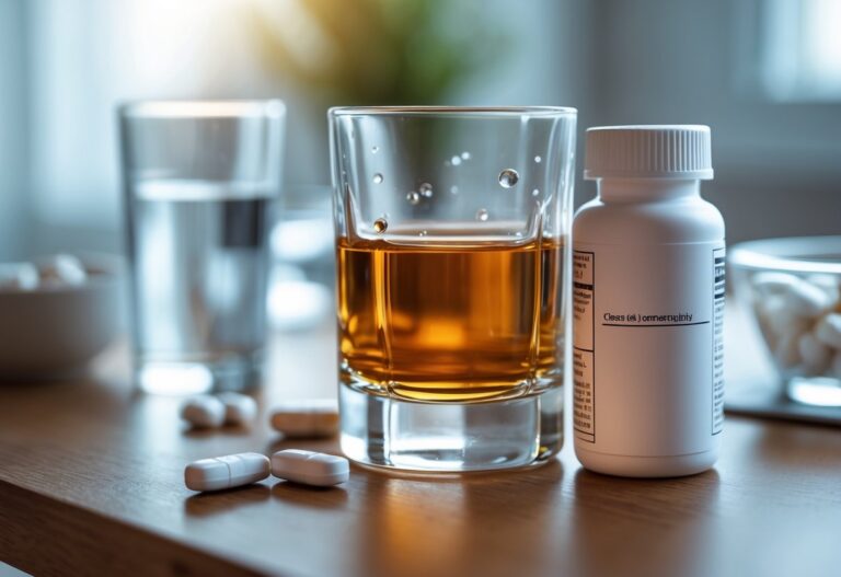 Um copo de bebida alcoólica ao lado de um frasco de remédio sobre uma mesa, com um copo de água e algumas pílulas ao fundo.