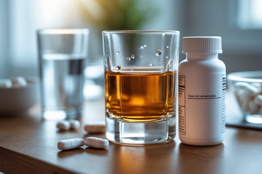 Um copo de bebida alcoólica ao lado de um frasco de remédio sobre uma mesa, com um copo de água e algumas pílulas ao fundo.