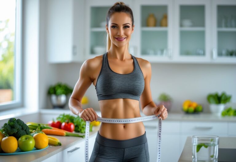 Mulher em roupa esportiva em uma cozinha moderna segurando uma fita métrica na cintura, com frutas e vegetais na bancada.