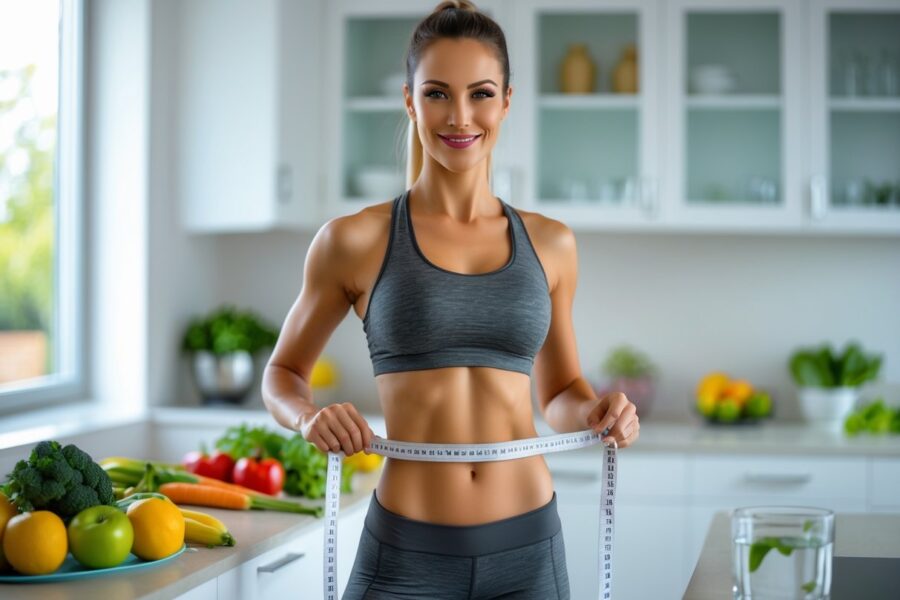 Mulher em roupa esportiva em uma cozinha moderna segurando uma fita métrica na cintura, com frutas e vegetais na bancada.